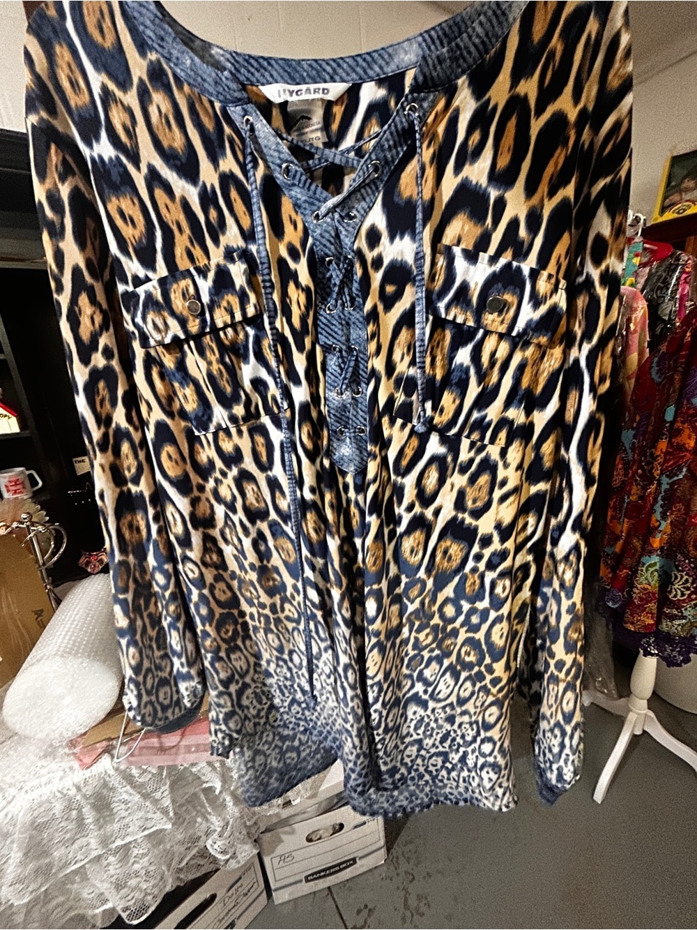 Peter Nygard Leopard Print Tunic in Blue, Tan and Black - Picture 3 of 10